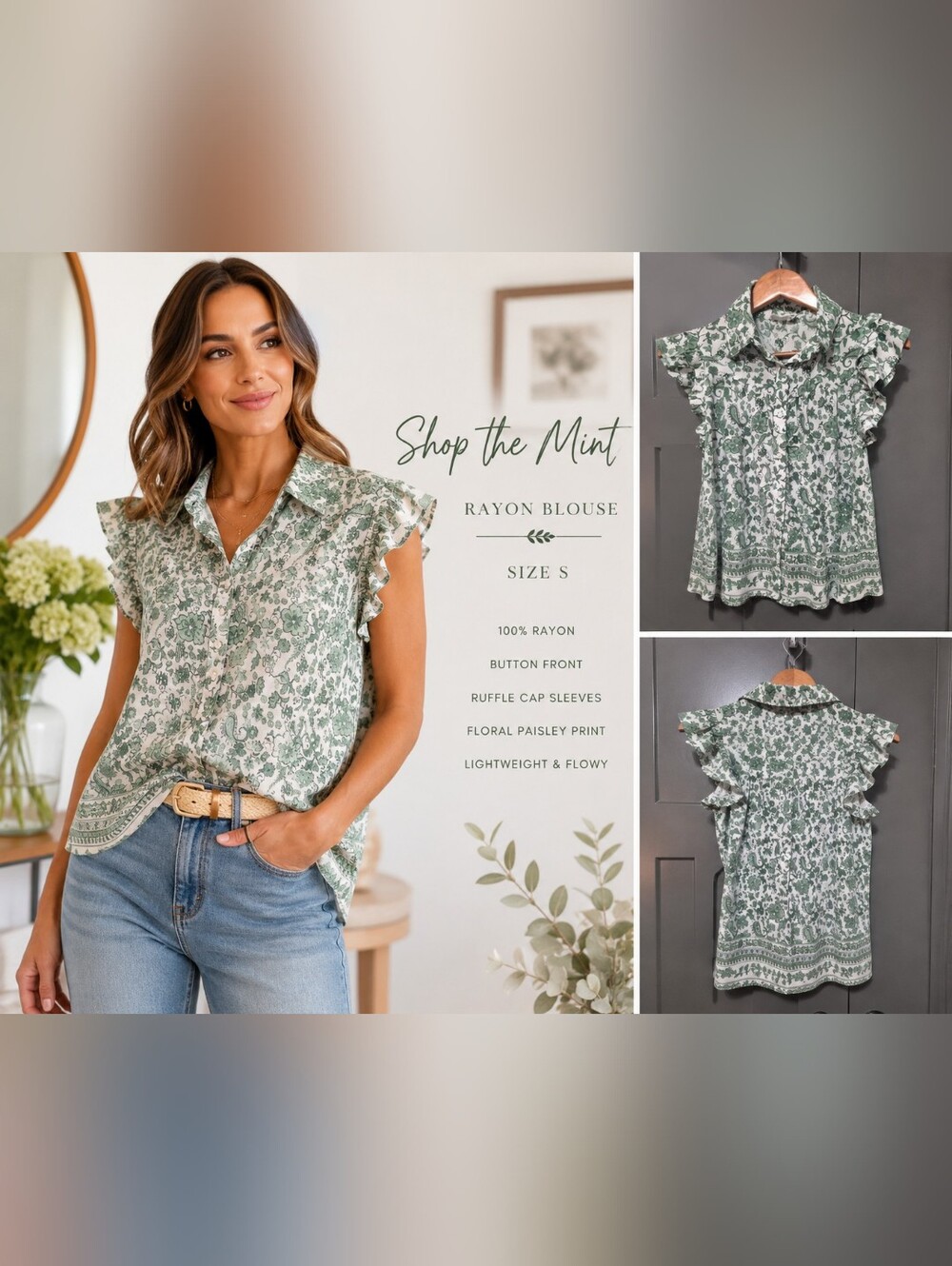 Shop the Mint Sage Green Floral Paisley Ruffle Sleeve Button Front Blouse Size S